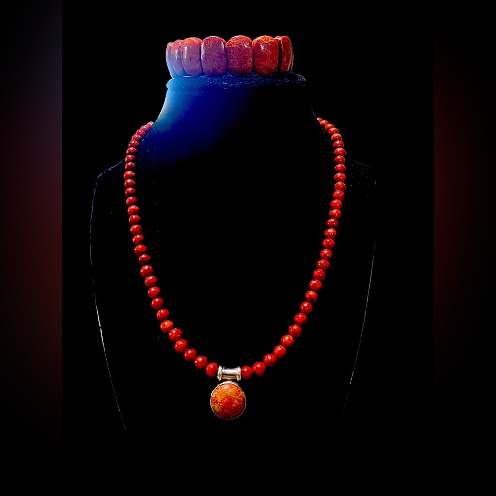 Red Sponge Coral Sterling Silver pendant and necklace with bracelet 18” & 7-7.5”